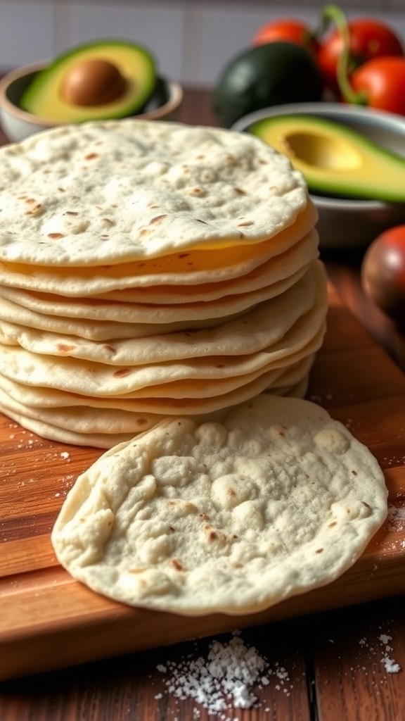 A stack of soft homemade flour tortillas on a cutting board, with fresh ingredients in the background.